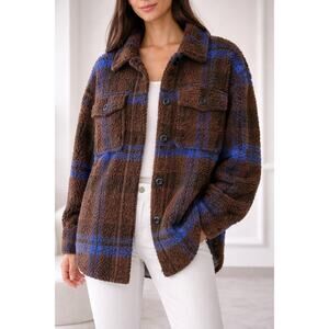 MOUSSY Plaid Sherpa Shacket Jacket Womens Brown & Blue Free One Size
